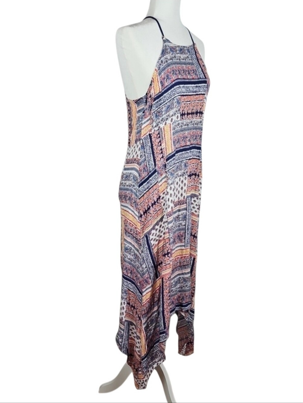 Boho Beach Asymmetrical Dress Navy Blue Orange Multicolor Sundress Bohemian, L - Picture 5 of 8